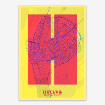 The map of Huelva composed with letters in a heavy geometric font printed on yellow and fuchsia