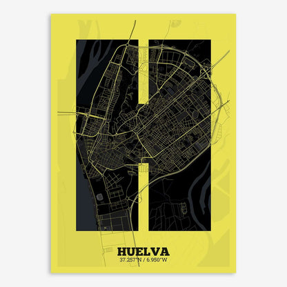 The map of Huelva composed with letters in a heavy geometric font printed on black and yellow
