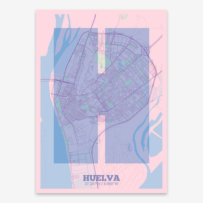 The map of Huelva composed with letters in a heavy geometric font printed on pink and light blue