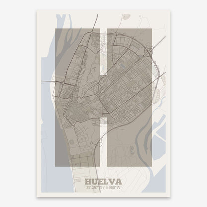 The map of Huelva composed with letters in a heavy geometric font printed on light brown and an off-white background