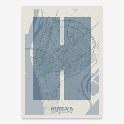 The map of Huelva composed with letters in a heavy geometric font printed on bluish gray and an off-white background