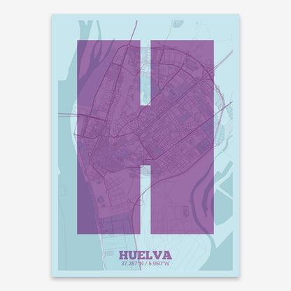 The map of Huelva composed with letters in a heavy geometric font printed on purple and light blue