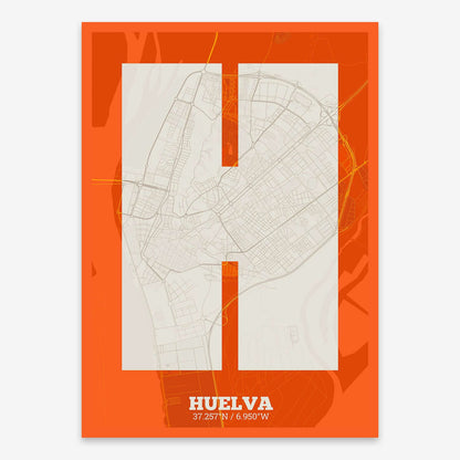 The map of Huelva composed with letters in a heavy geometric font printed on orange and an off-white background
