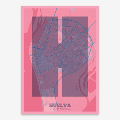 The map of Huelva composed with letters in a heavy geometric font printed on violet y pink background