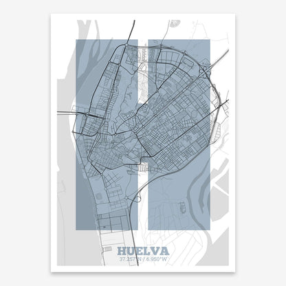 The map of Huelva composed with letters in a heavy geometric font printed on black and white