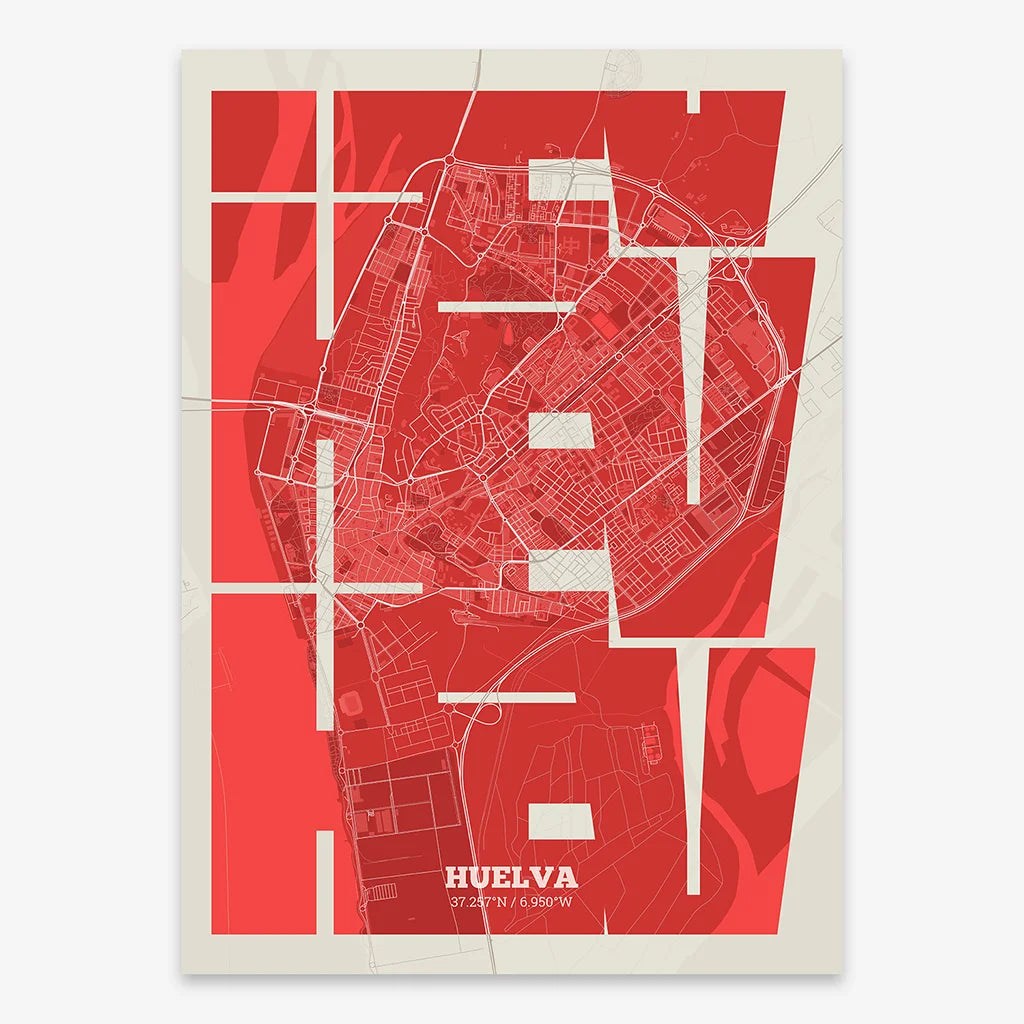 Poster of Huelva composed with letters from its abbreviation or its airport IATA code printed on red and an off-white background