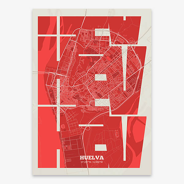 Poster of Huelva composed with letters from its abbreviation or its airport IATA code printed on red and an off-white background