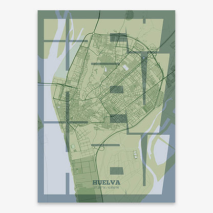 Poster of Huelva composed with letters from its abbreviation or its airport IATA code printed on two green tones