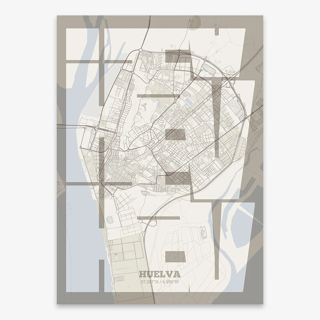 Poster of Huelva composed with letters from its abbreviation or its airport IATA code printed on light brown and an off-white background