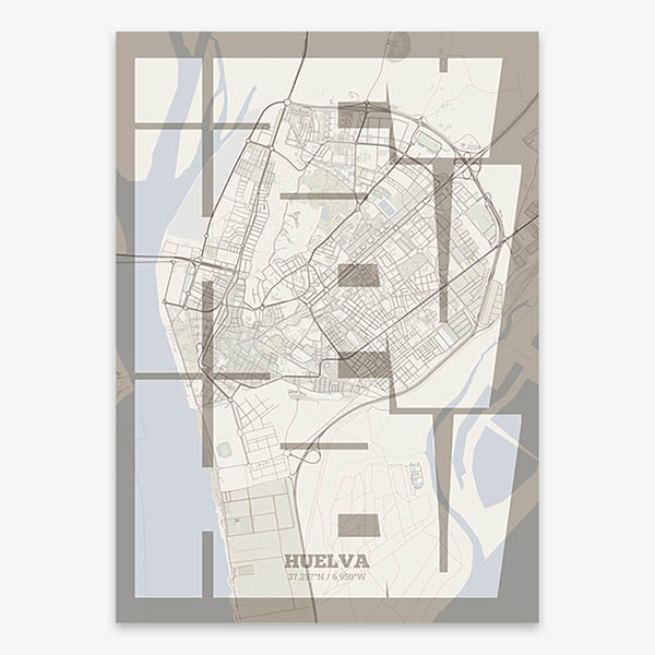 Poster of Huelva composed with letters from its abbreviation or its airport IATA code printed on light brown and an off-white background