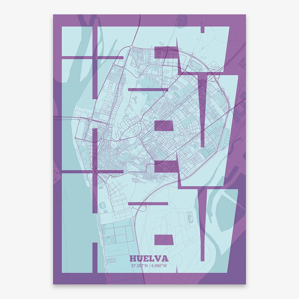Poster of Huelva composed with letters from its abbreviation or its airport IATA code printed on purple and light blue