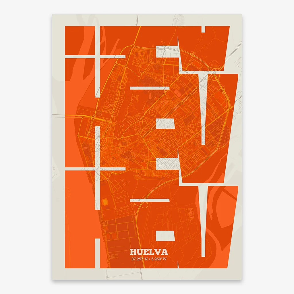 Poster of Huelva composed with letters from its abbreviation or its airport IATA code printed on orange and an off-white background