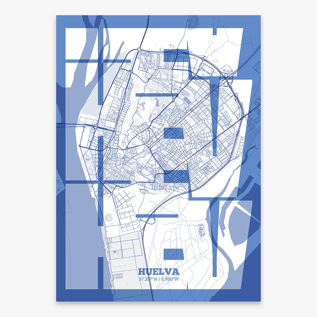 Poster of Huelva composed with letters from its abbreviation or its airport IATA code printed on navy blue and white