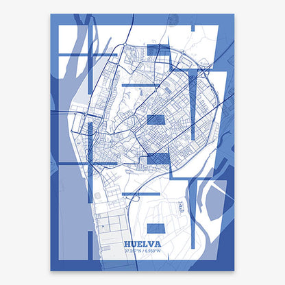 Poster of Huelva composed with letters from its abbreviation or its airport IATA code printed on navy blue and white