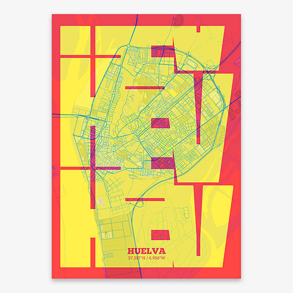 Poster of Huelva composed with letters from its abbreviation or its airport IATA code printed on yellow and fuchsia