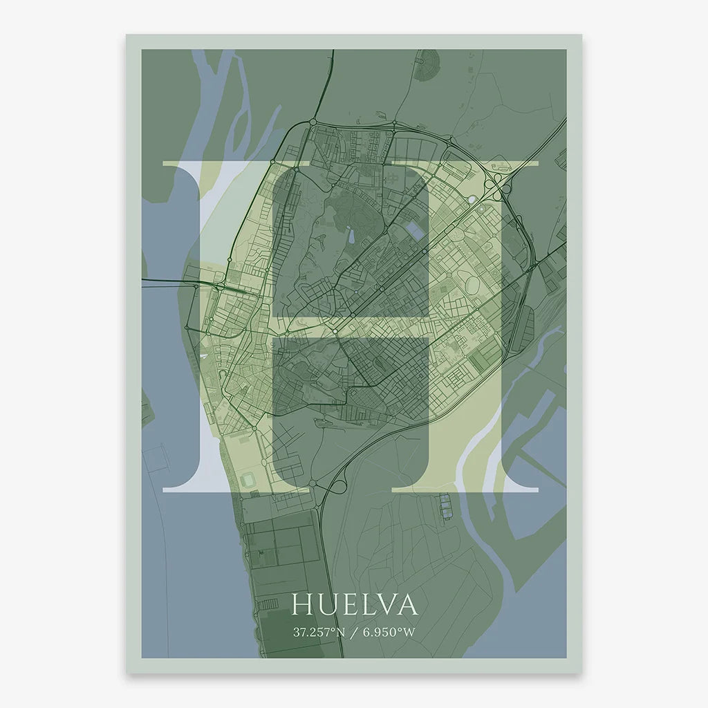 Decorative map of Huelva composed with letters in serif font printed on two green tones