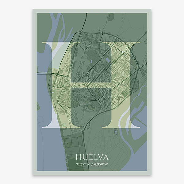 Decorative map of Huelva composed with letters in serif font printed on two green tones