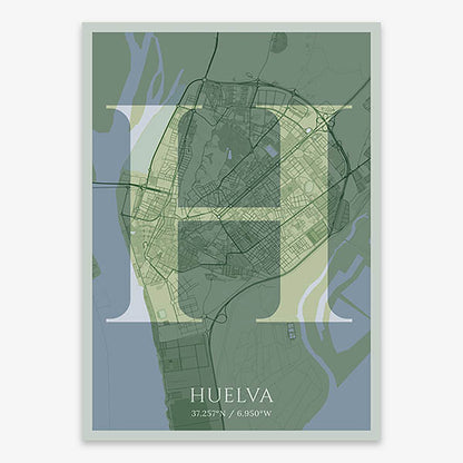 Decorative map of Huelva composed with letters in serif font printed on two green tones