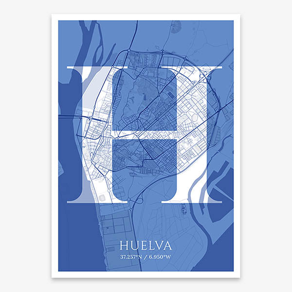 Decorative map of Huelva composed with letters in serif font printed on navy blue and white