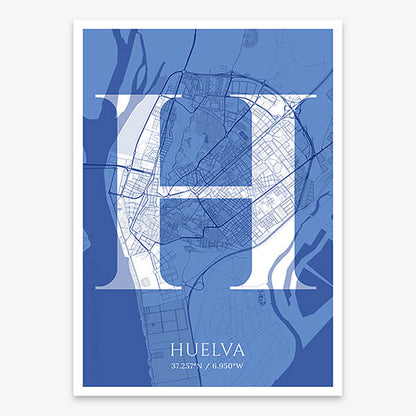 Decorative map of Huelva composed with letters in serif font printed on navy blue and white