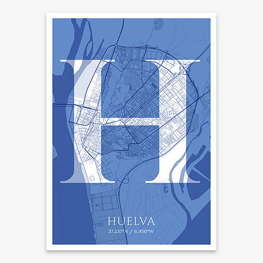 Decorative map of Huelva composed with letters in serif font printed on navy blue and white