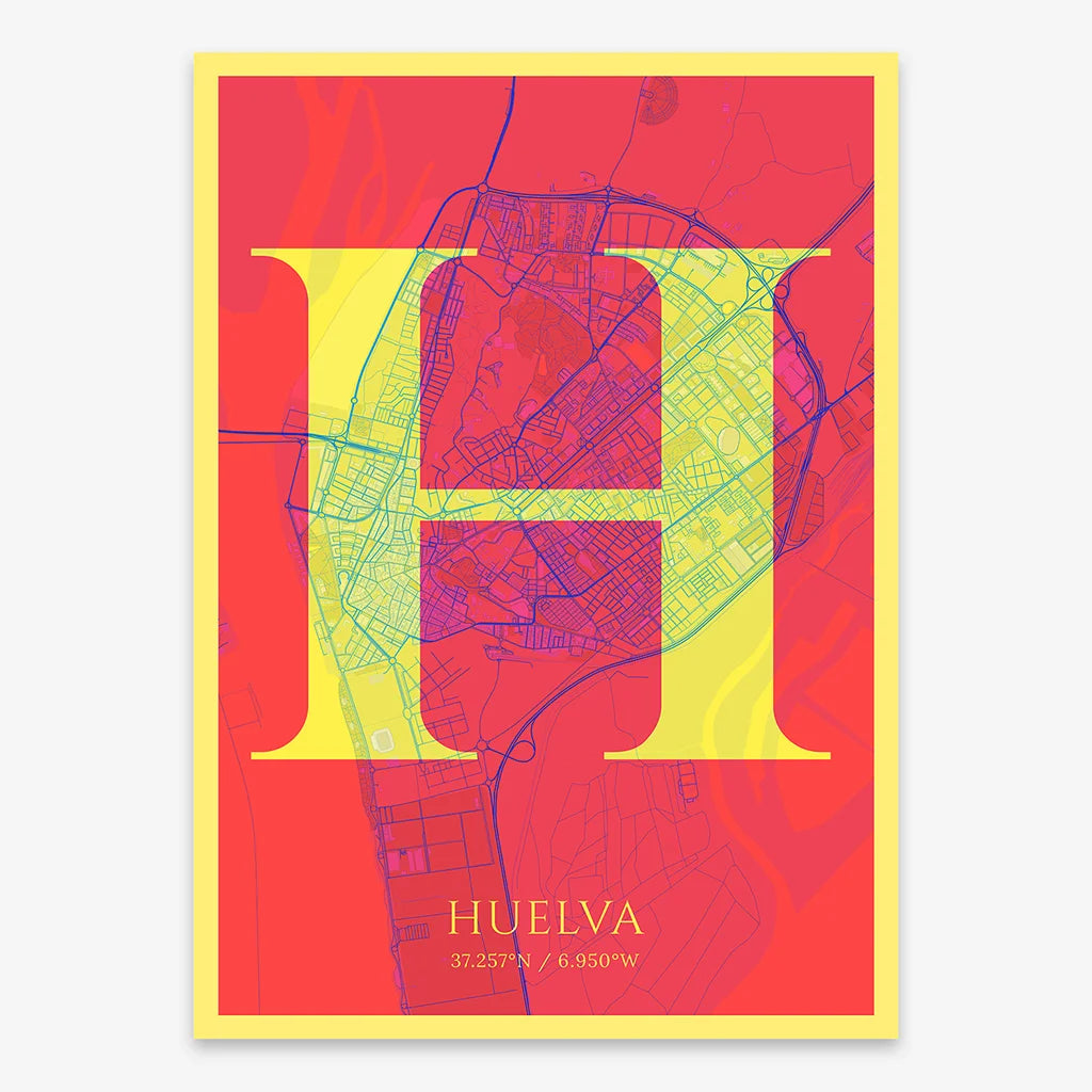 Decorative map of Huelva composed with letters in serif font printed on yellow and fuchsia