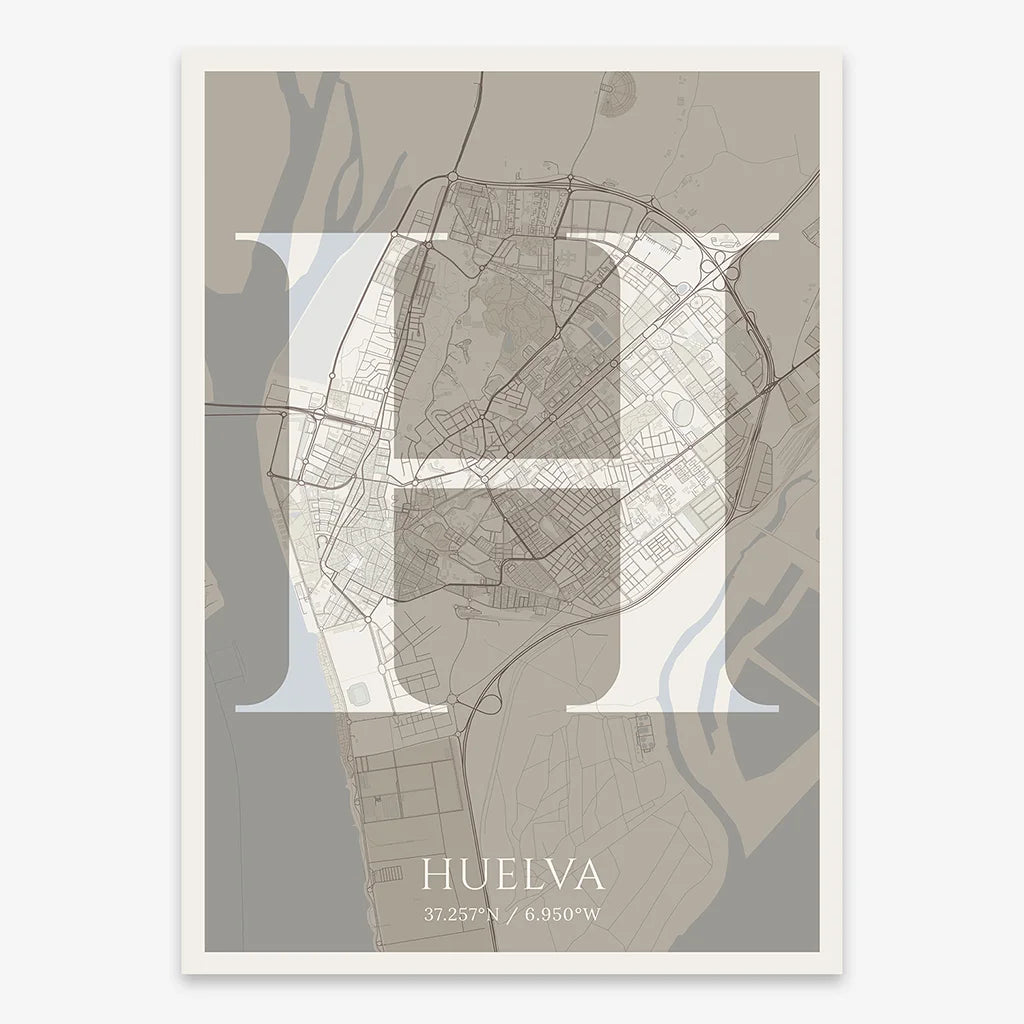 Decorative map of Huelva composed with letters in serif font printed on light brown and an off-white background