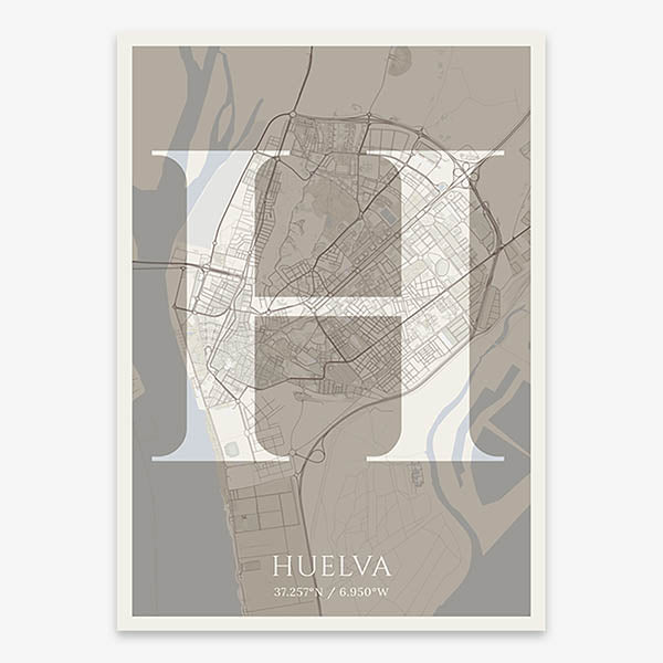 Decorative map of Huelva composed with letters in serif font printed on light brown and an off-white background