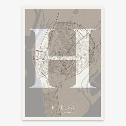 Decorative map of Huelva composed with letters in serif font printed on light brown and an off-white background