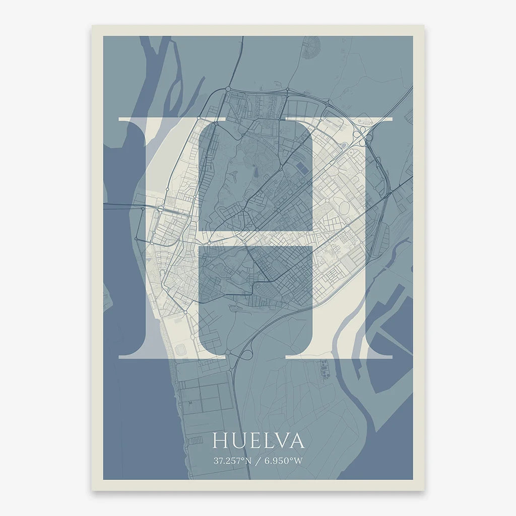 Decorative map of Huelva composed with letters in serif font printed on bluish gray and an off-white background