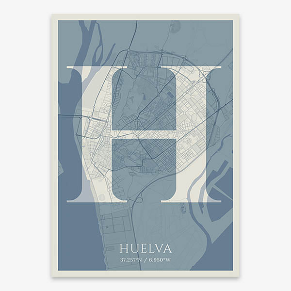 Decorative map of Huelva composed with letters in serif font printed on bluish gray and an off-white background