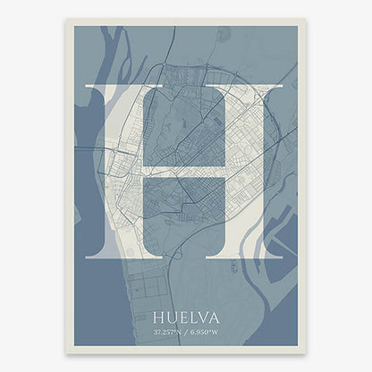 Decorative map of Huelva composed with letters in serif font printed on bluish gray and an off-white background
