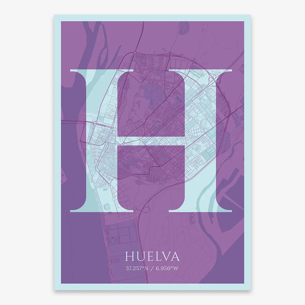Decorative map of Huelva composed with letters in serif font printed on purple and light blue