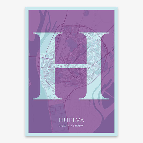 Decorative map of Huelva composed with letters in serif font printed on purple and light blue