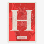 Decorative map of Huelva composed with letters in serif font printed on red and an off-white background