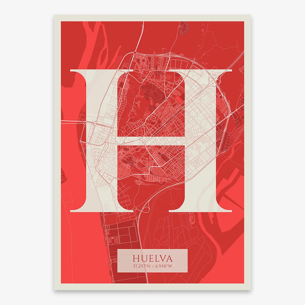 Decorative map of Huelva composed with letters in serif font printed on red and an off-white background