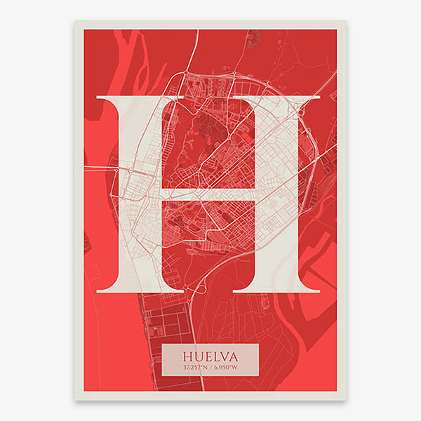 Decorative map of Huelva composed with letters in serif font printed on red and an off-white background