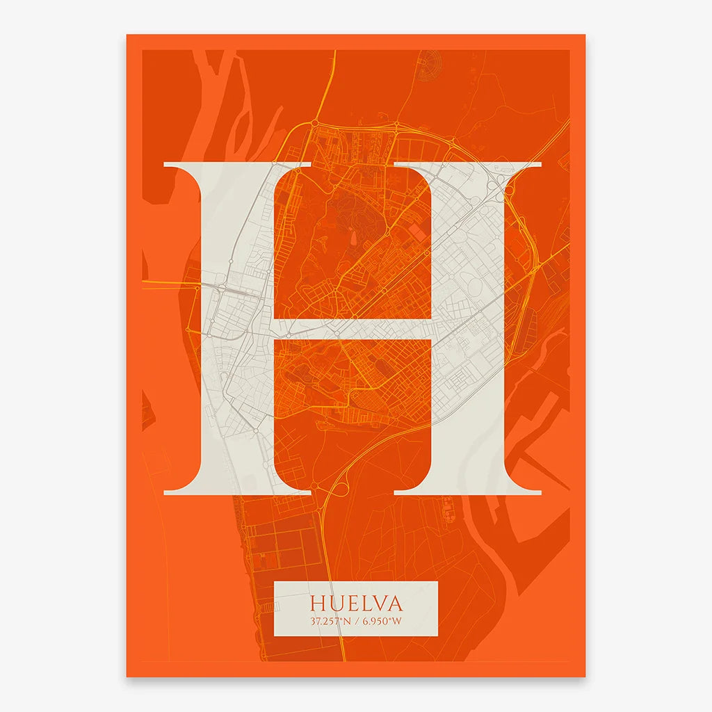 Decorative map of Huelva composed with letters in serif font printed on orange and an off-white background