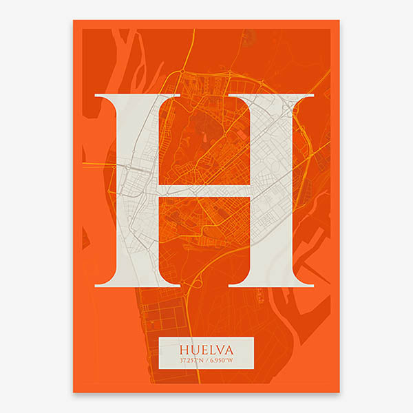 Decorative map of Huelva composed with letters in serif font printed on orange and an off-white background