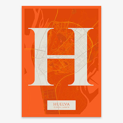 Decorative map of Huelva composed with letters in serif font printed on orange and an off-white background