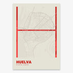 Poster of Huelva composed with letters in extra light font printed on red and an off-white background