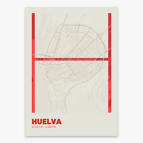 Poster of Huelva composed with letters in extra light font printed on red and an off-white background
