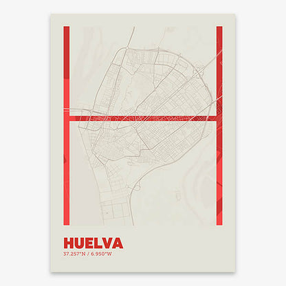 Poster of Huelva composed with letters in extra light font printed on red and an off-white background