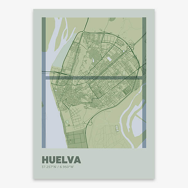 Poster of Huelva composed with letters in extra light font printed on two green tones