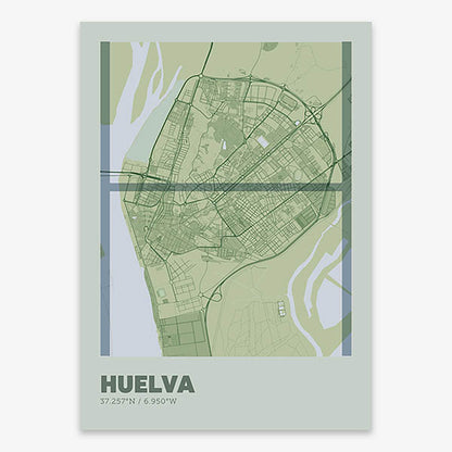 Poster of Huelva composed with letters in extra light font printed on two green tones