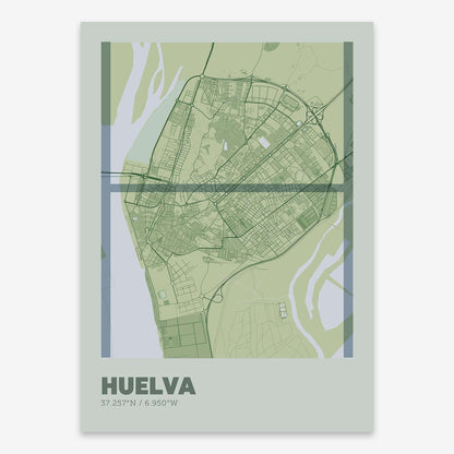The map of Huelva composed with letters in extra light font printed on two green tones