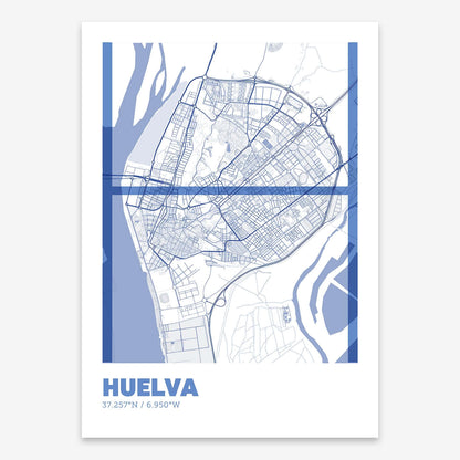 The map of Huelva composed with letters in extra light font printed on navy blue and white