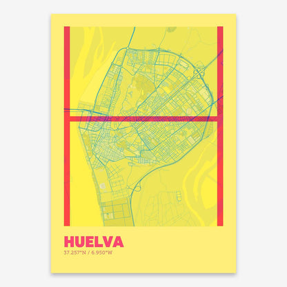 The map of Huelva composed with letters in extra light font printed on yellow and fuchsia
