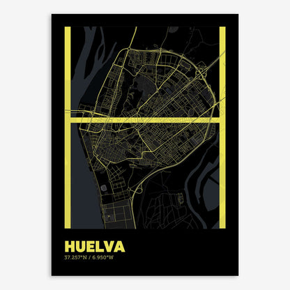 The map of Huelva composed with letters in extra light font printed on black and yellow