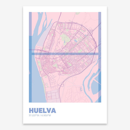 The map of Huelva composed with letters in extra light font printed on pink and light blue